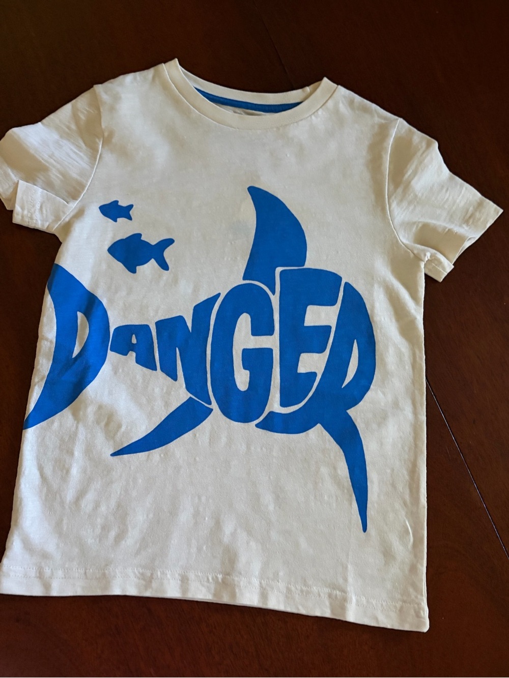 Mini Boden White Tee w/ Blue Shark 'DANGER' Graphic